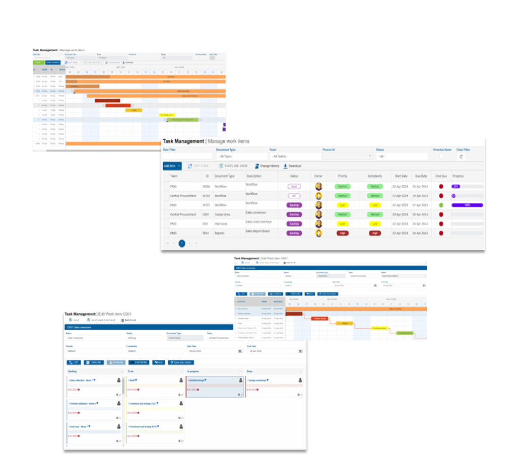DevTR SAP project management dashboard with task tracking and effort visibility